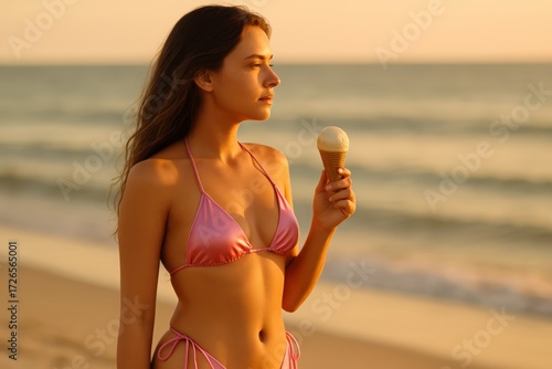 Young Woman Wearing Pink Bikini Holding Ice Cream Cone on Beach at Sunset