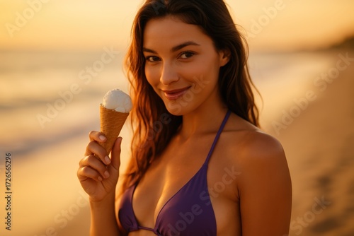 Young Woman Wearing Purple Bikini Holding Ice Cream Cone on Beach at Sunset
