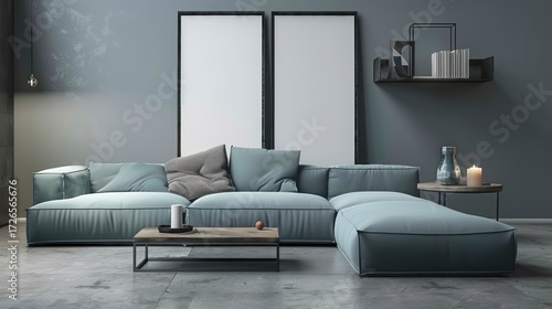 Modern Light Blue Sectional Sofa in Contemporary Living Room with Minimalist Decor