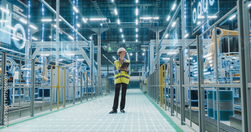 Bild auf Leinwand Female Engineer Walking with Laptop Through an Automated Vehicle Assembly Line with Robotic Arms Working on Car Frames