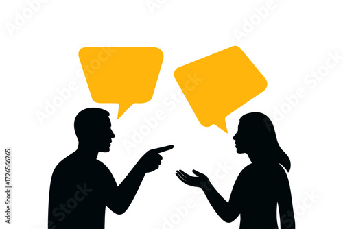 Vector silhouette illustration of a man and woman in a heated argument with yellow speech bubbles