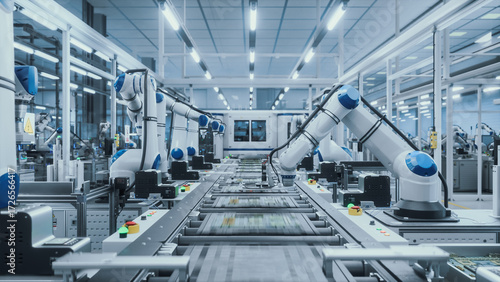 Wallpaper Mural Advanced Microelectronics Manufacturing: AI Robotic Arms Assembling Circuit Boards on a Modern Production Line. Factory Floor is Automated. Robots Performing Mechanical Tasks with PCB Components Torontodigital.ca