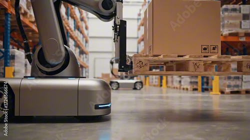 A robotic arm on a mobile platform is lifting a pallet with a cardboard box in a warehouse.