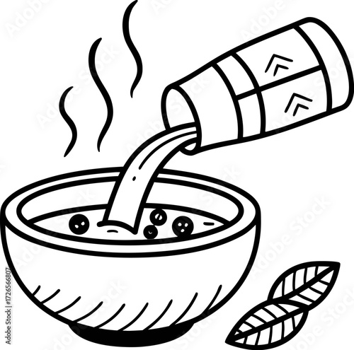 Hot Soup Being Poured into a Bowl with Spices and Fresh Herbs