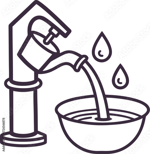Water being poured from a hand pump into a bowl with drops falling
