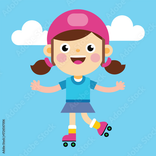 A cheerful cartoon girl with pigtails wearing a pink helmet and roller skates happily gliding across a bright blue sky with fluffy white clouds