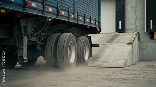 A powerful semi-truck reverses up a concrete ramp towards a warehouse loading dock, its wheels in motion kicking up dust from the industrial yard