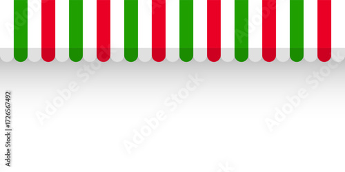 Shop sunshade. Realistic striped cafe awning. Outdoor market tent. Roof canopy in Italian flag colors. Summer street store. Vector illustration