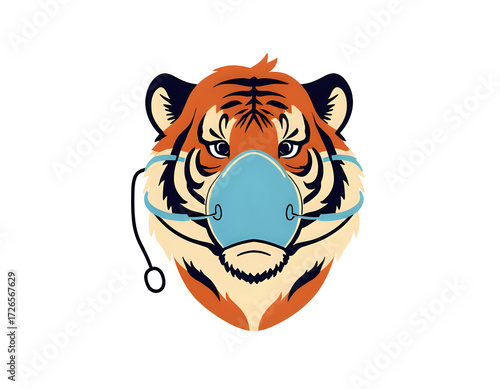Royal Bengal tiger wearing an oxygen mask, wildlife conservation concept, endangered species awareness illustration