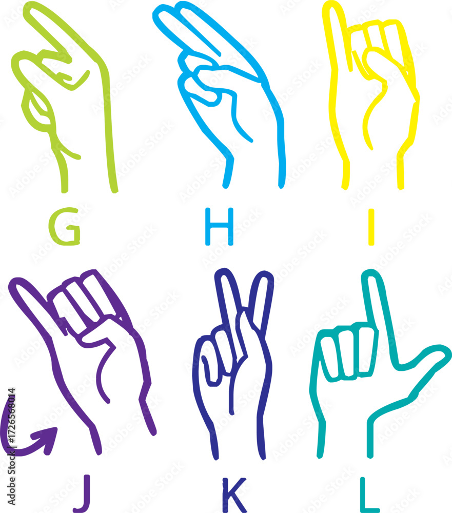 Fototapeta premium Collection of American Sign Language (ASL) hand gesture illustrations. Includes alphabet letters, basic signs, and symbolic hand shapes. Perfect for educational materials, accessibility projects,