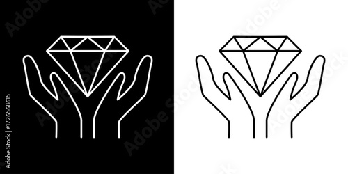 Diamond in Hands Protection and Luxury Conceptual Symbolism Depicted in Line Art icon