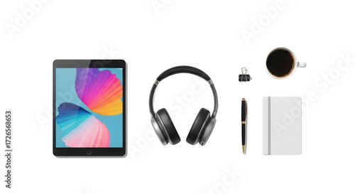 Top view of workplace with tablet, headphones, coffee, pen and notepad isolated PNG with Transparent Background