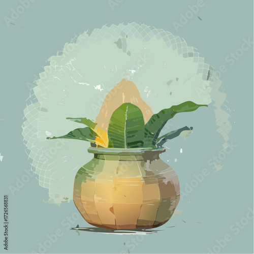 Ornamental pot with a flowering plant, artistic depiction of a ceremonial offering.