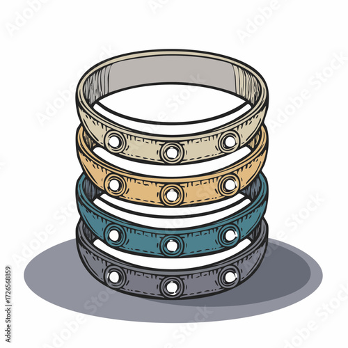 Stacked illustration of multiple colored bracelets with decorative studs.