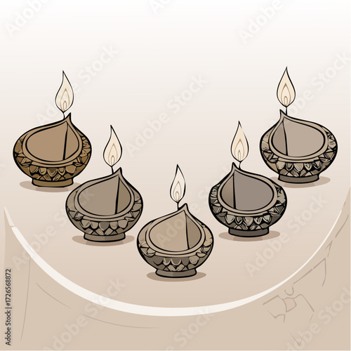 Five decorative, ornate oil lamps with flickering flames, arranged in a gentle arc against a textured background.