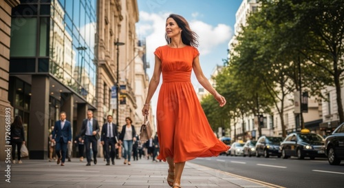 A woman in an orange dress walking down a city street.