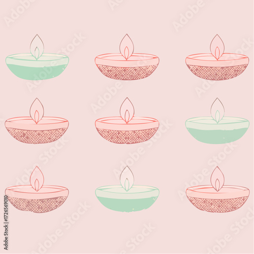 Nine stylized diya lamps arranged in a grid, featuring alternating colors of pink and mint green, each with a flickering flame.