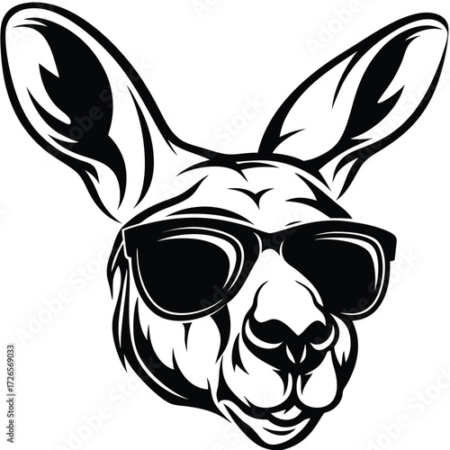 A stylish kangaroo's head boasts modern sunglasses in a black and white portrait