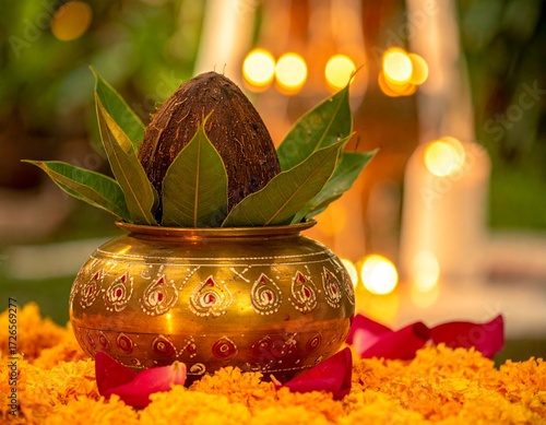 A golden Kalash pot with a coconut and mango leaves sits on a bed of orange and red flower petals, illuminated by soft candlelight.