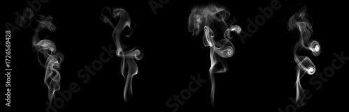 Photos Abstract smoke swirls rising on black background, isolated vapor shapes perfect for design, fire, incense, mystic atmosphere, or creative overlay effect in digital art and graphic projects