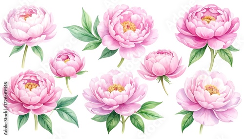 Set of detailed, watercolor-style peonies