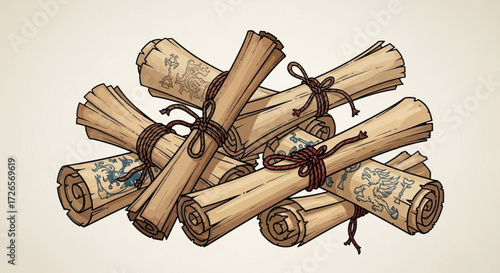 Pile of ancient scrolls tied with twine, featuring mythical creature drawings and aged parchment texture
