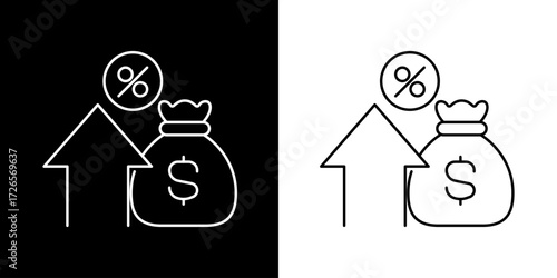 Line icon representing financial growth, rising interest rates, and successful investment return on a black and white background