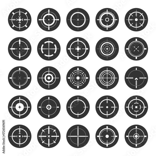 Round sniper rifle sights, weapon optical scope crosshair. Hunting gun viewfinder. Shooting mark symbol, aim. Military target sign. Game interface UI element. Vector illustration