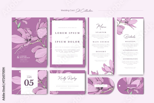wedding invitation card set with magnolia flower template
