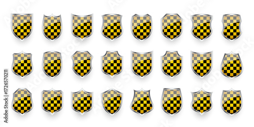 Glossy shields with yellow and black pattern. Security and protection concept. Cyber safety icons, internet privacy, web defense, digital data protection and antivirus themes. Vector illustration