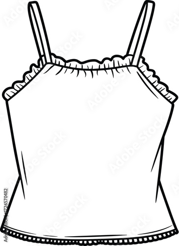 Camisole fashion illustration, sleeveless top sketch, thin strap blouse drawing, ruffled neckline garment design, black and white vector art