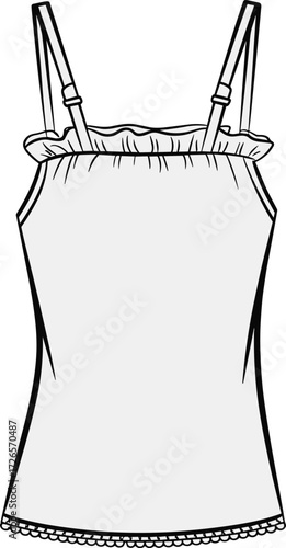 Camisole fashion illustration, adjustable strap top sketch, ruffled neckline blouse drawing, lace trim garment design, black and white vector art