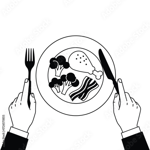 Vector illustration of vector art of person about to eat chicken, broccoli, and bacon on a plate