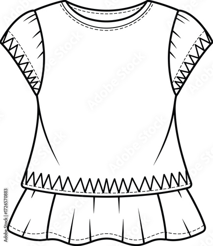 Girls blouse fashion sketch, short sleeve top drawing, peplum hem garment illustration, round neck clothing design, black and white vector art