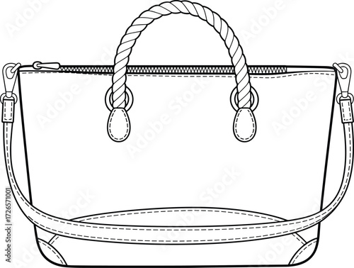 Handbag fashion sketch, twisted handle, shoulder strap, zipper closure, leather purse design, accessory illustration, line art, vector template, stylish bag