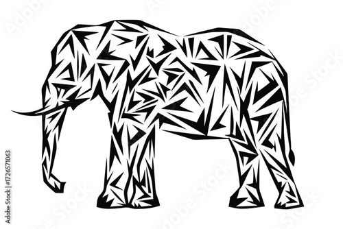 A unique rhino showcases geometric design, featuring triangle patterns and bold black outlines