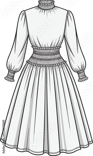 High neck dress technical sketch, puff sleeve garment with smocked waist and flared skirt, cad drawing flat vector illustration