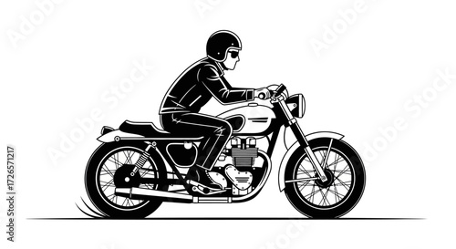 Retro motorcycle illustration featuring a rider with helmet and leather jacket in black and white