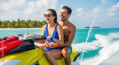 A couple riding a yellow and red jet ski in the ocean with palm trees in the background.