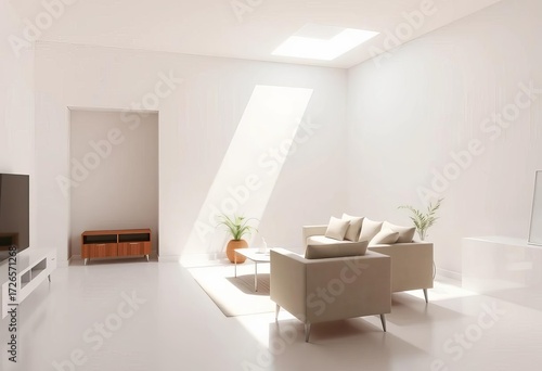 Sunlight streams into a sparsely furnished room with white walls and a single plant,  furniture,  backdrop