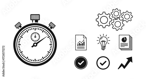 Icon set with stopwatch gears documents and arrows symbolizing business efficiency and progress