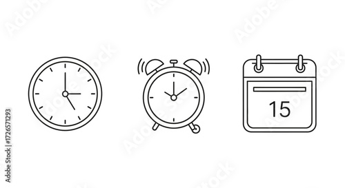 Vector illustration of clock, alarm clock, and calendar icons representing time and schedule