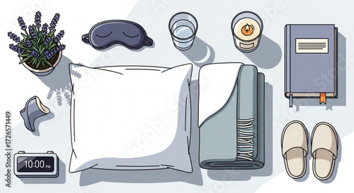 Overhead view of a serene bedtime scene featuring lavender, pillow, and various relaxation items