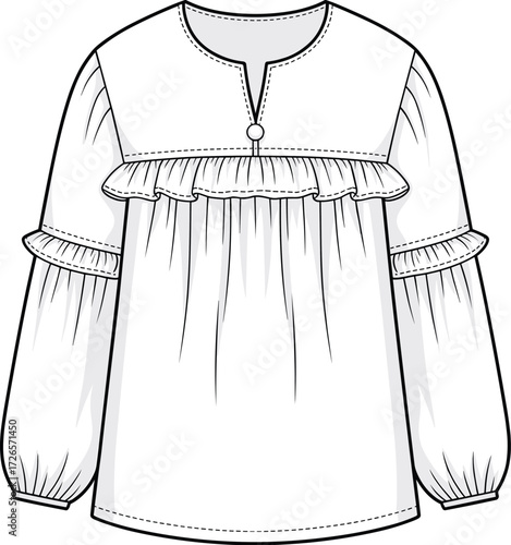 Long sleeve blouse sketch, ruffle detail fashion drawing, gathered sleeve garment illustration, round neckline design, black and white vector art