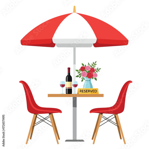 Vector illustration of vector art of outdoor cafe table with umbrella, wine, and flowers