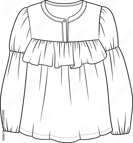 Long sleeve blouse sketch, gathered yoke fashion drawing, puff sleeve garment illustration, curved hem design, black and white vector art