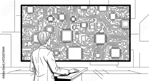 Technological exploration: a man examining an intricate circuit board display attentively showing