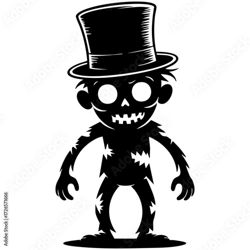 Scary zombie character wearing a top hat with skeletal features  