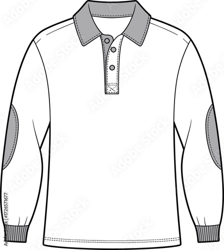 Long sleeve polo shirt sketch, contrast collar design, elbow patch detail, fashion illustration, garment template, clothing vector, stylish menswear drawing