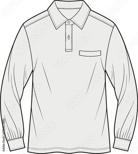 Long sleeve polo shirt sketch, welt pocket design, gathered cuffs, fashion illustration, garment template, clothing vector, line art, stylish menswear